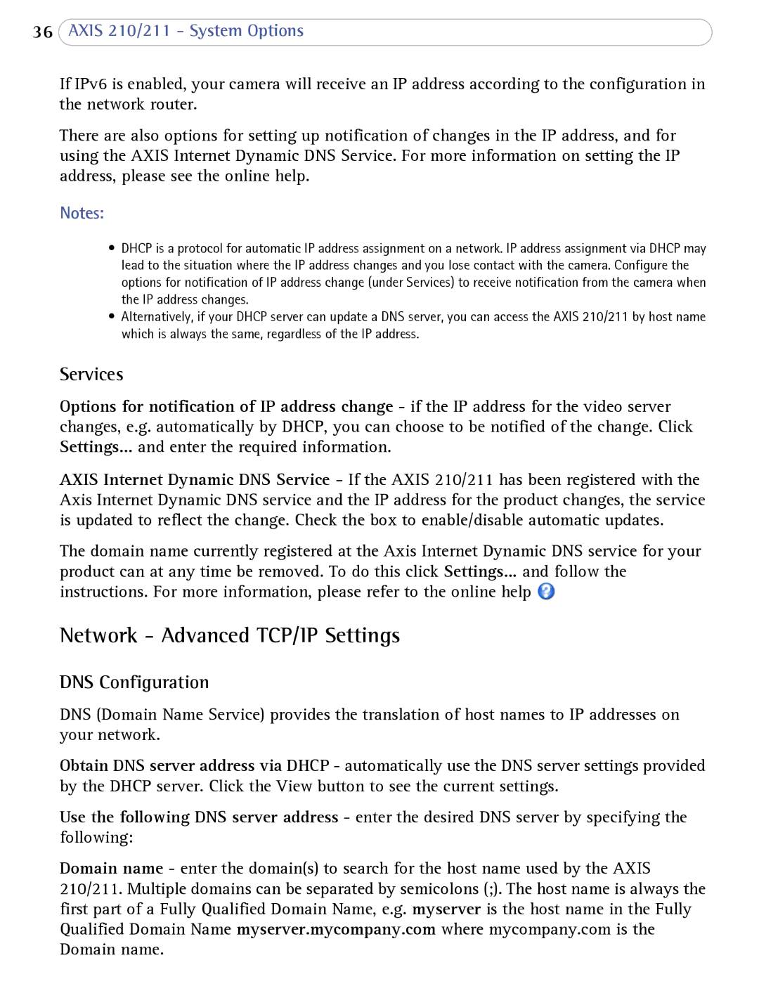 Axis Communications AXIS 210/211 Network Cameras Network Advanced TCP/IP Settings, Services, DNS Configuration 