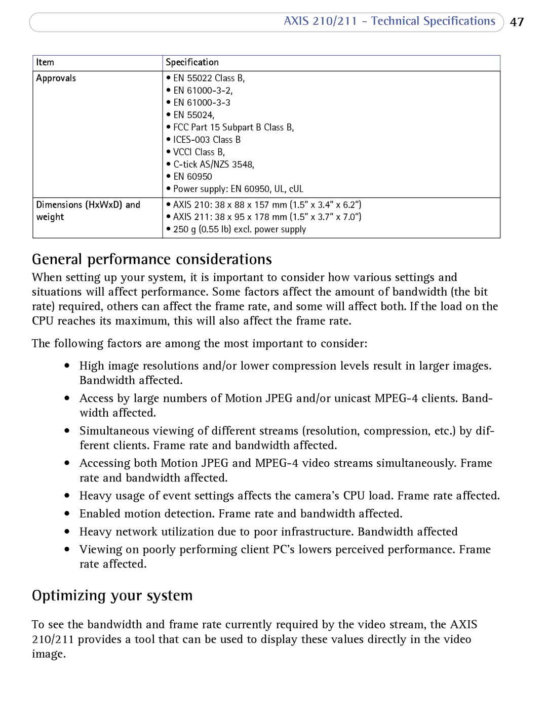 Axis Communications AXIS 210/211 Network Cameras user manual General performance considerations, Optimizing your system 