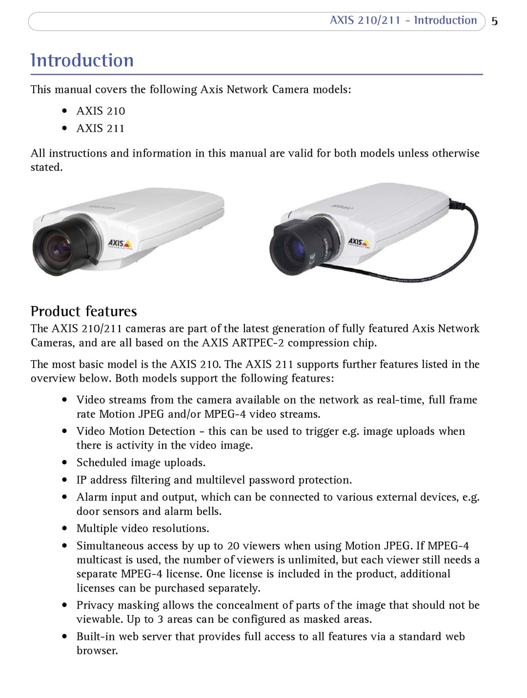 Axis Communications AXIS 210/211 Network Cameras user manual Introduction, Product features 