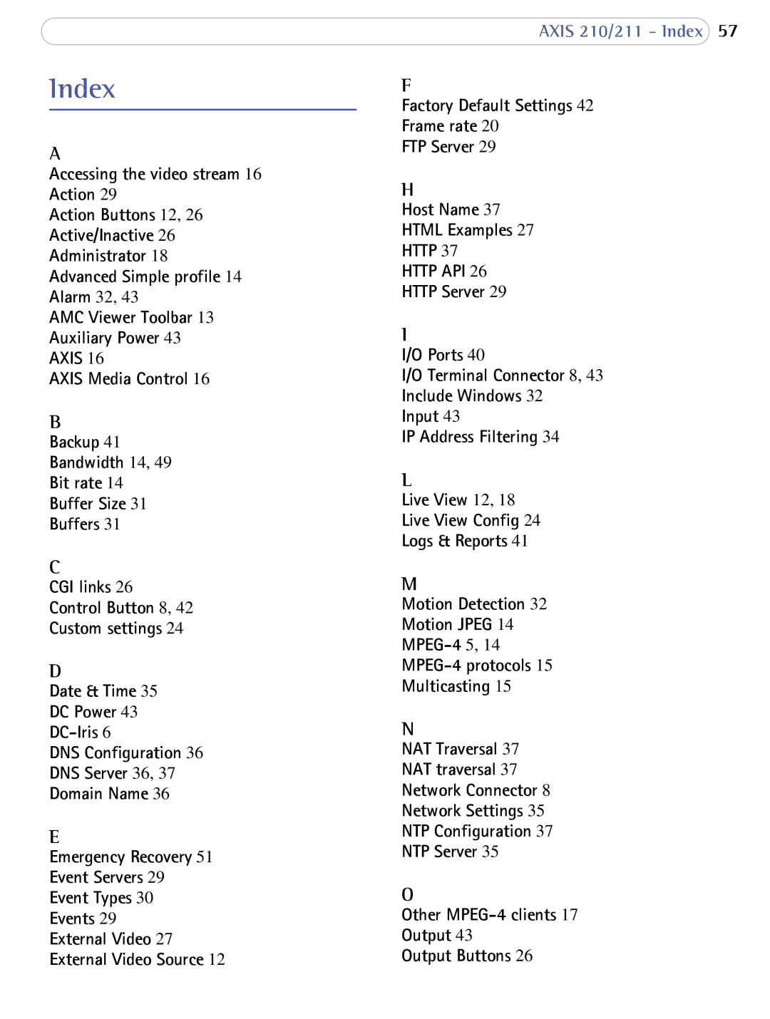 Axis Communications AXIS 210/211 Network Cameras user manual Index, Http Http API 