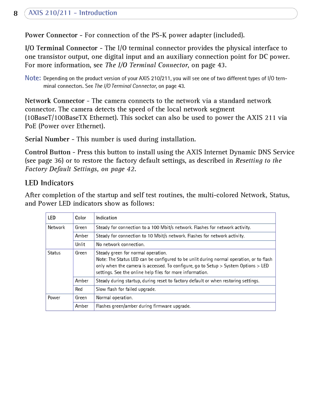 Axis Communications AXIS 210/211 Network Cameras user manual LED Indicators, Color Indication 