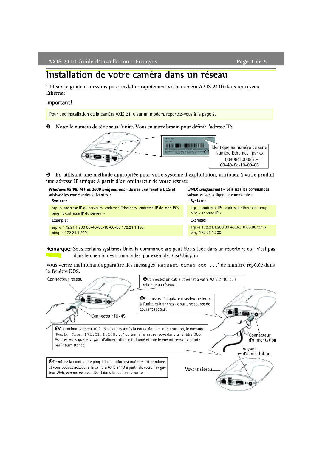 Axis Communications Installation de votre caméra dans un réseau, AXIS 2110 Guide d’installation - Français, Page 1 de 