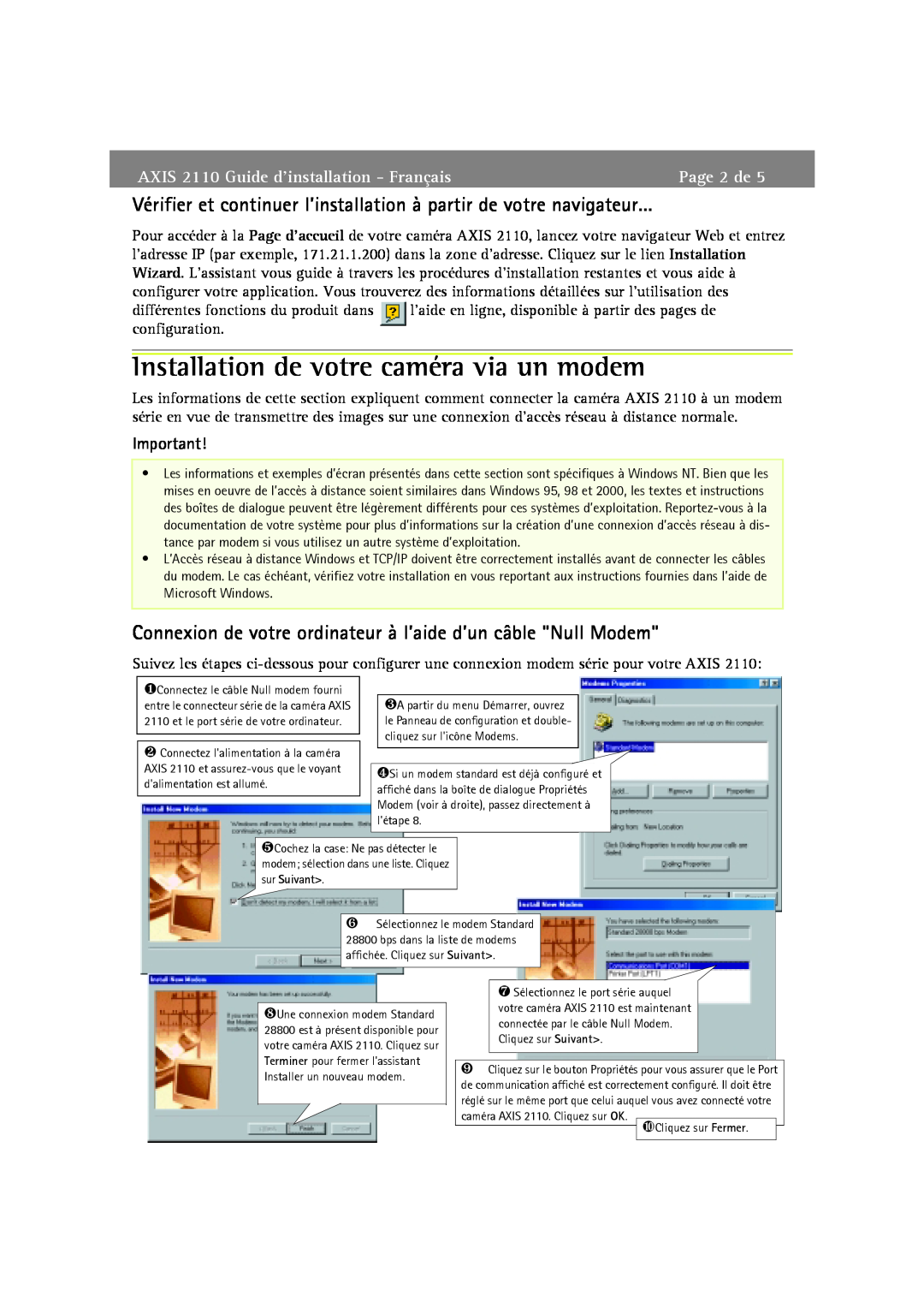 Axis Communications Installation de votre caméra via un modem, Page 2 de, AXIS 2110 Guide d’installation - Français 