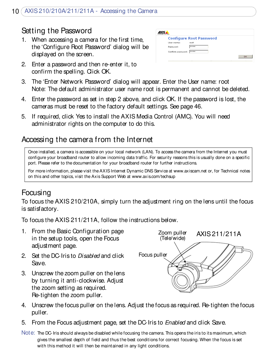 Axis Communications 211a, 210A user manual Setting the Password, Accessing the camera from the Internet, Focusing, Save 