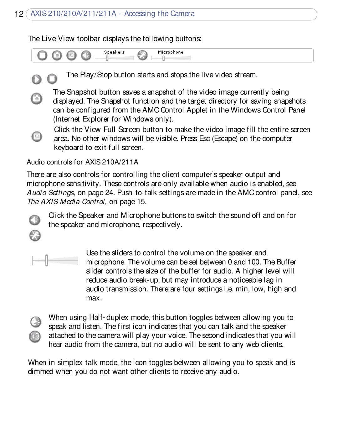 Axis Communications 211a user manual Audio controls for Axis 210A/211A 