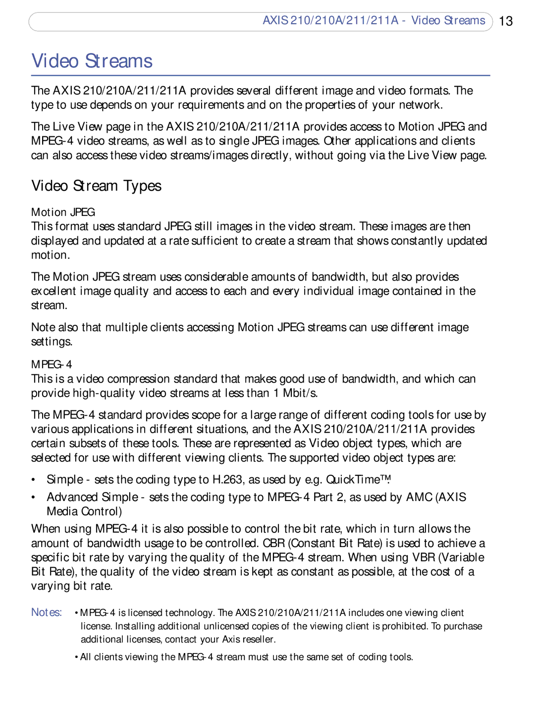 Axis Communications 211a, 210A user manual Video Streams, Video Stream Types, Motion Jpeg 