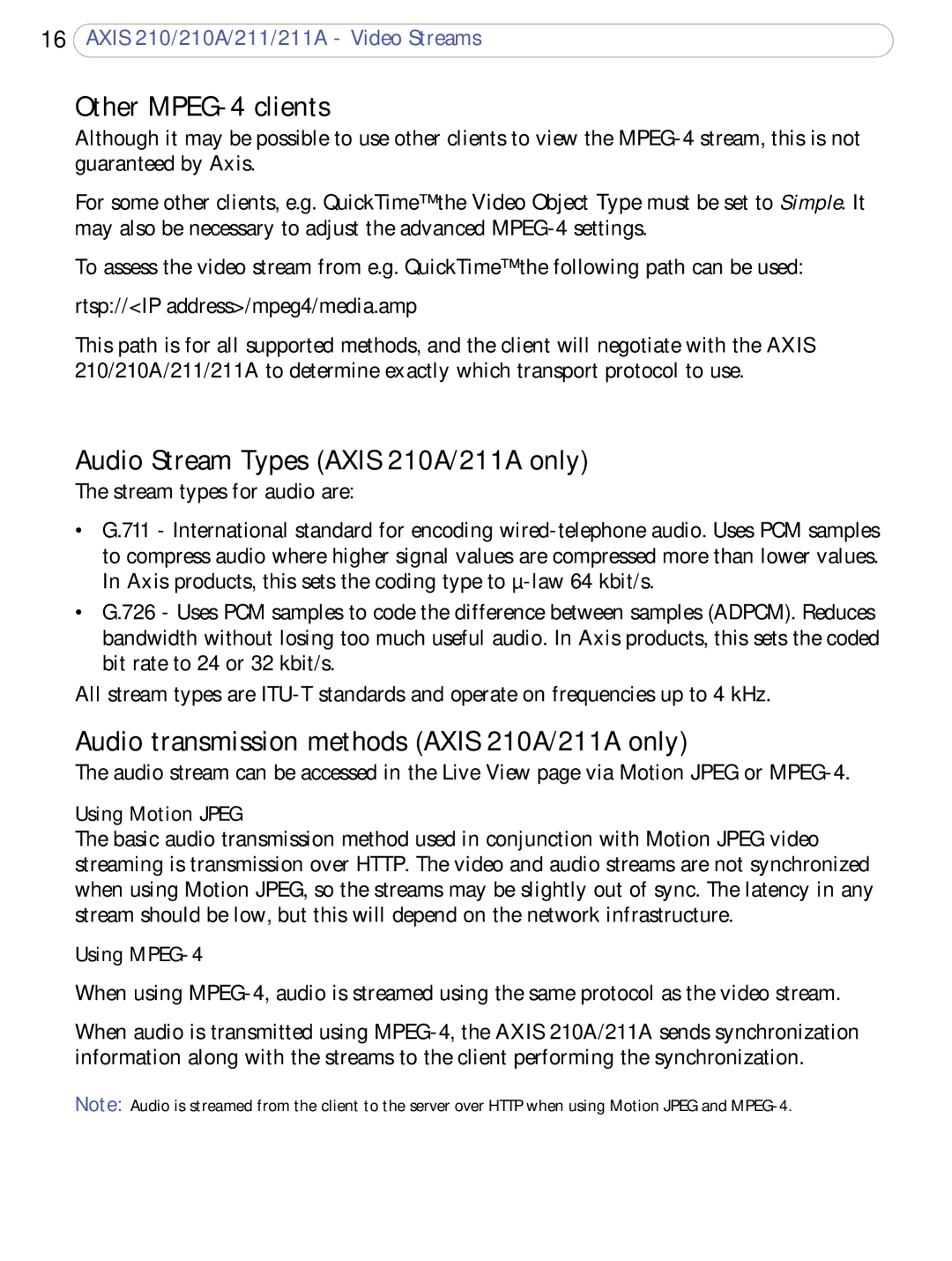 Axis Communications 211a Other MPEG-4 clients, Audio Stream Types Axis 210A/211A only, Using Motion Jpeg, Using MPEG-4 