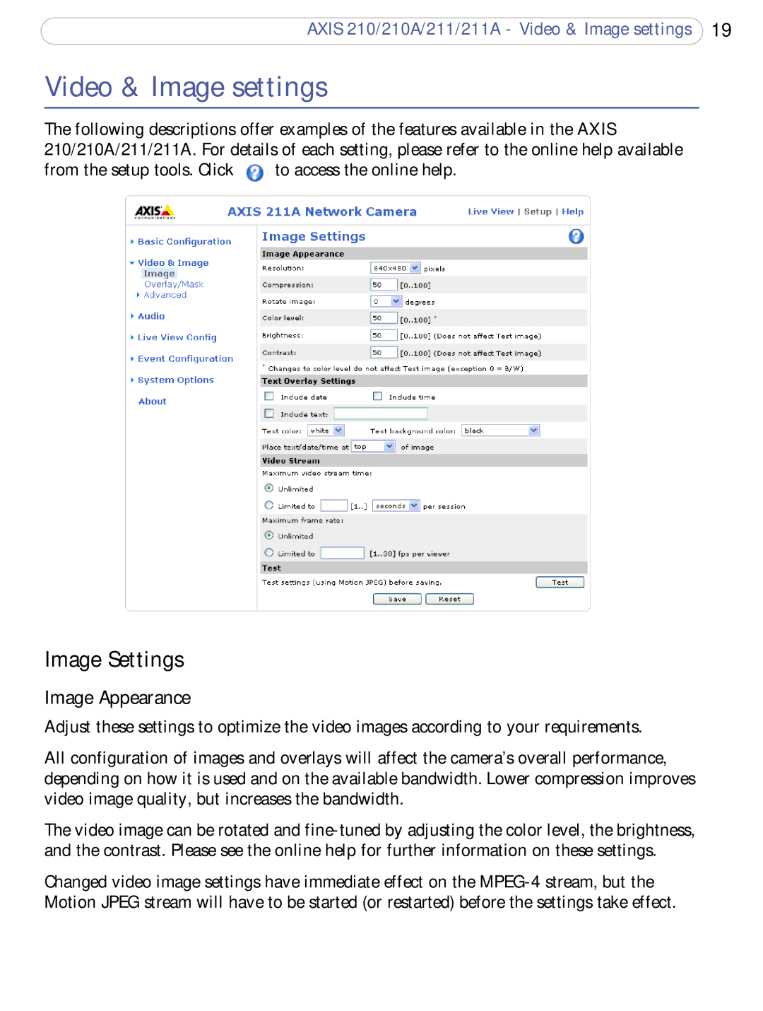 Axis Communications 210A, 211a user manual Video & Image settings, Image Settings, Image Appearance 