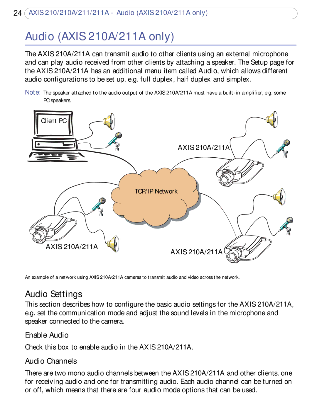 Axis Communications 211a user manual Audio Axis 210A/211A only, Audio Settings, Enable Audio, Audio Channels 