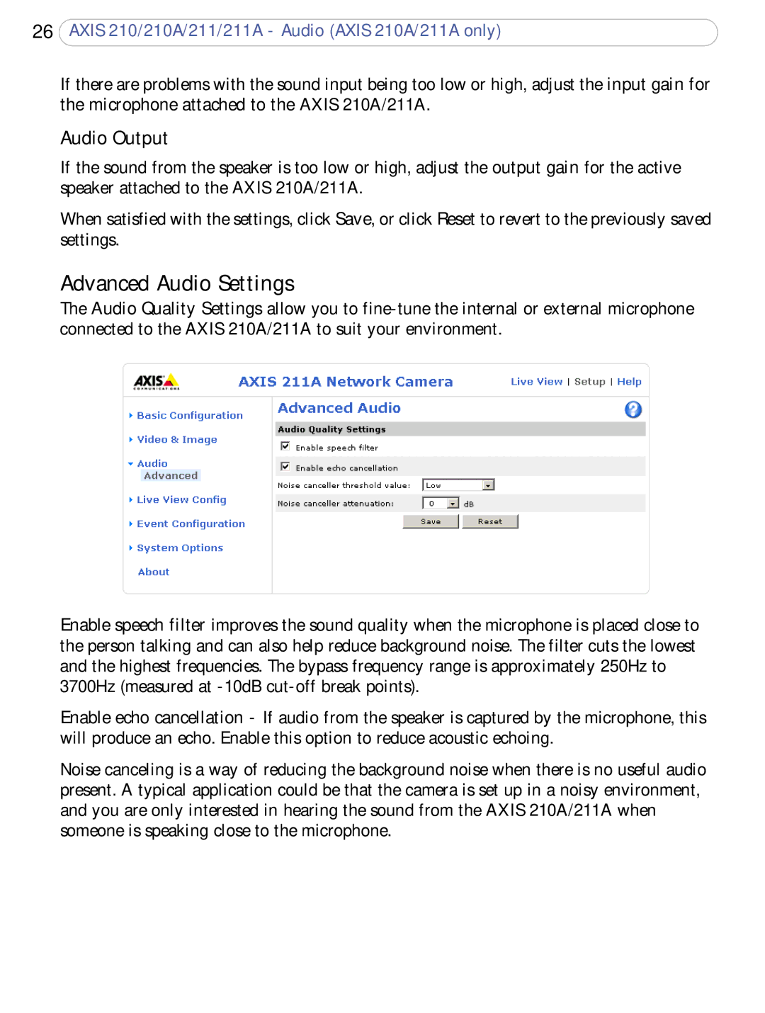 Axis Communications 211a, 210A user manual Advanced Audio Settings, Audio Output 