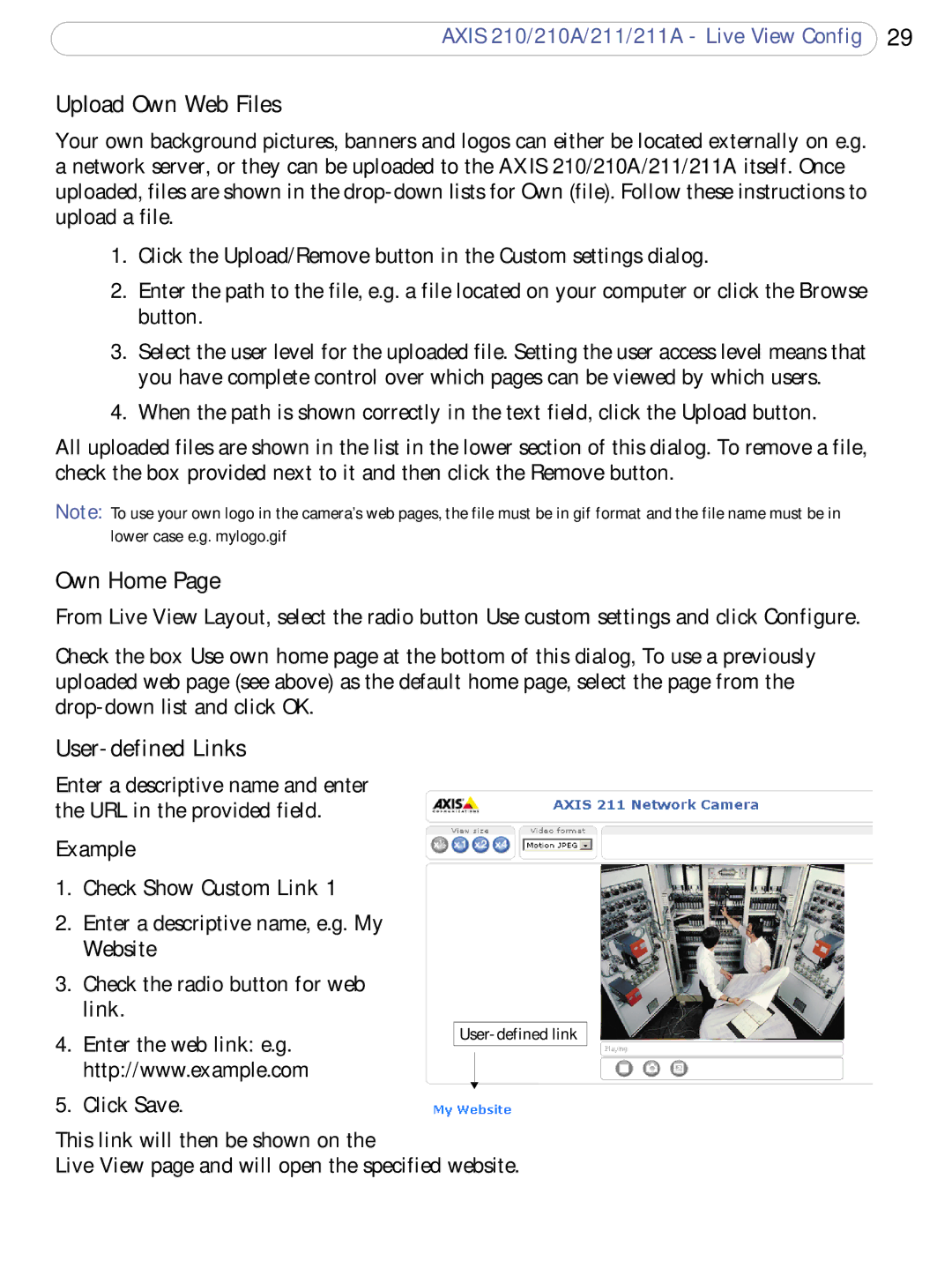 Axis Communications 211a Upload Own Web Files, Own Home, User-defined Links, Example Check Show Custom Link, Website 