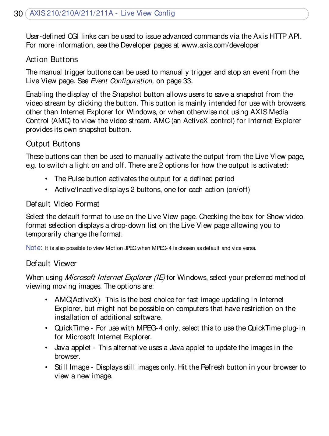 Axis Communications 211a, 210A user manual Action Buttons, Output Buttons, Default Video Format, Default Viewer 
