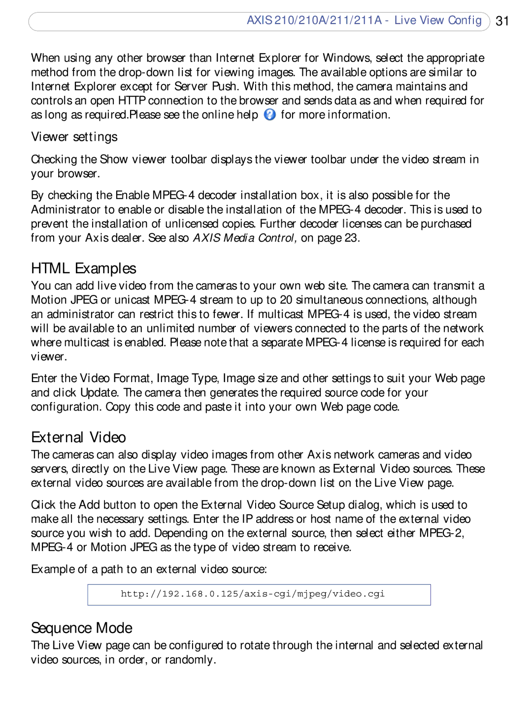 Axis Communications 210A, 211a user manual Html Examples, External Video, Sequence Mode, Viewer settings 