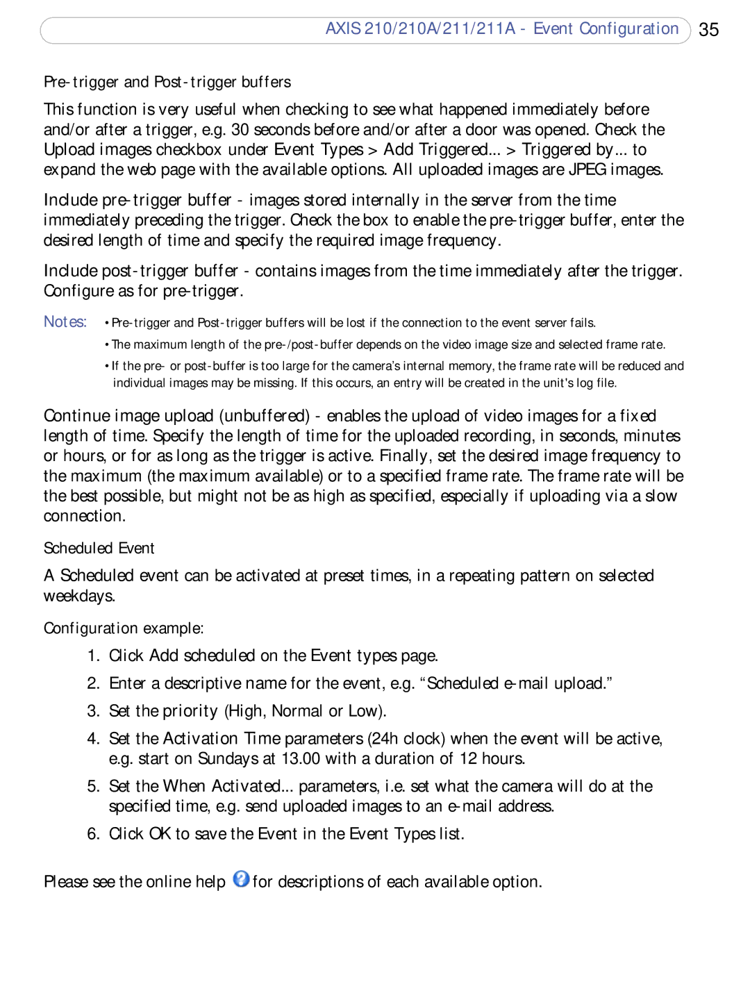 Axis Communications 210A, 211a user manual Pre-trigger and Post-trigger buffers, Scheduled Event 