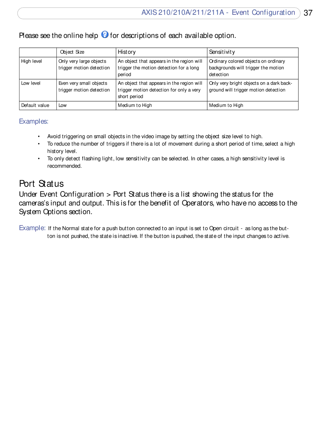 Axis Communications 211a, 210A user manual Port Status, Object Size 