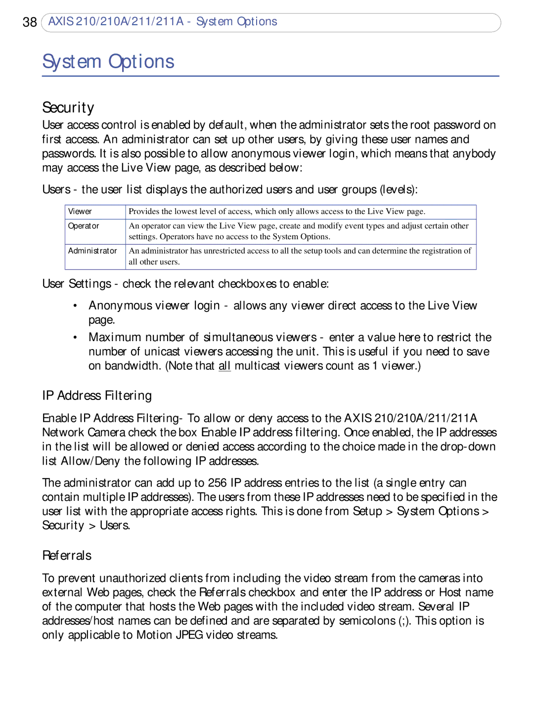 Axis Communications 211a, 210A user manual System Options, Security, IP Address Filtering, Referrals 