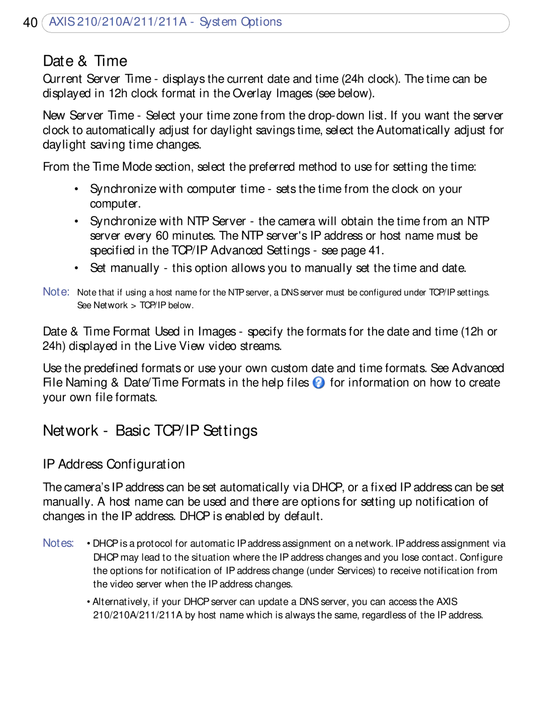 Axis Communications 211a, 210A user manual Date & Time, Network Basic TCP/IP Settings, IP Address Configuration 