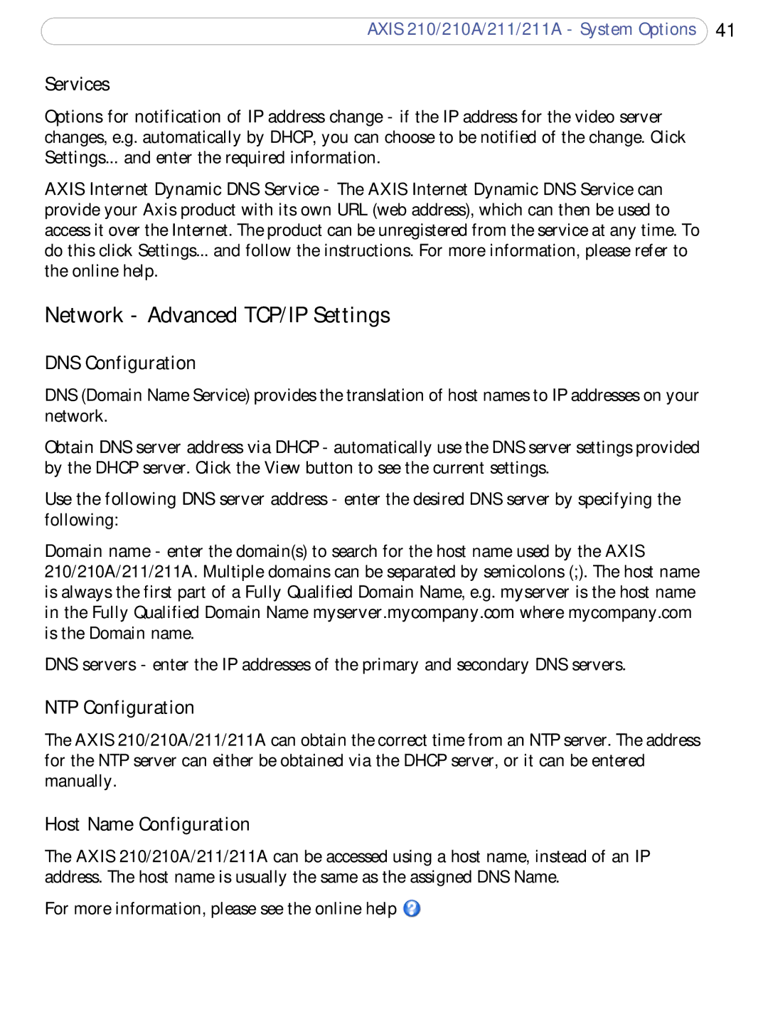 Axis Communications 211a, 210A Network Advanced TCP/IP Settings, Services, DNS Configuration, NTP Configuration 