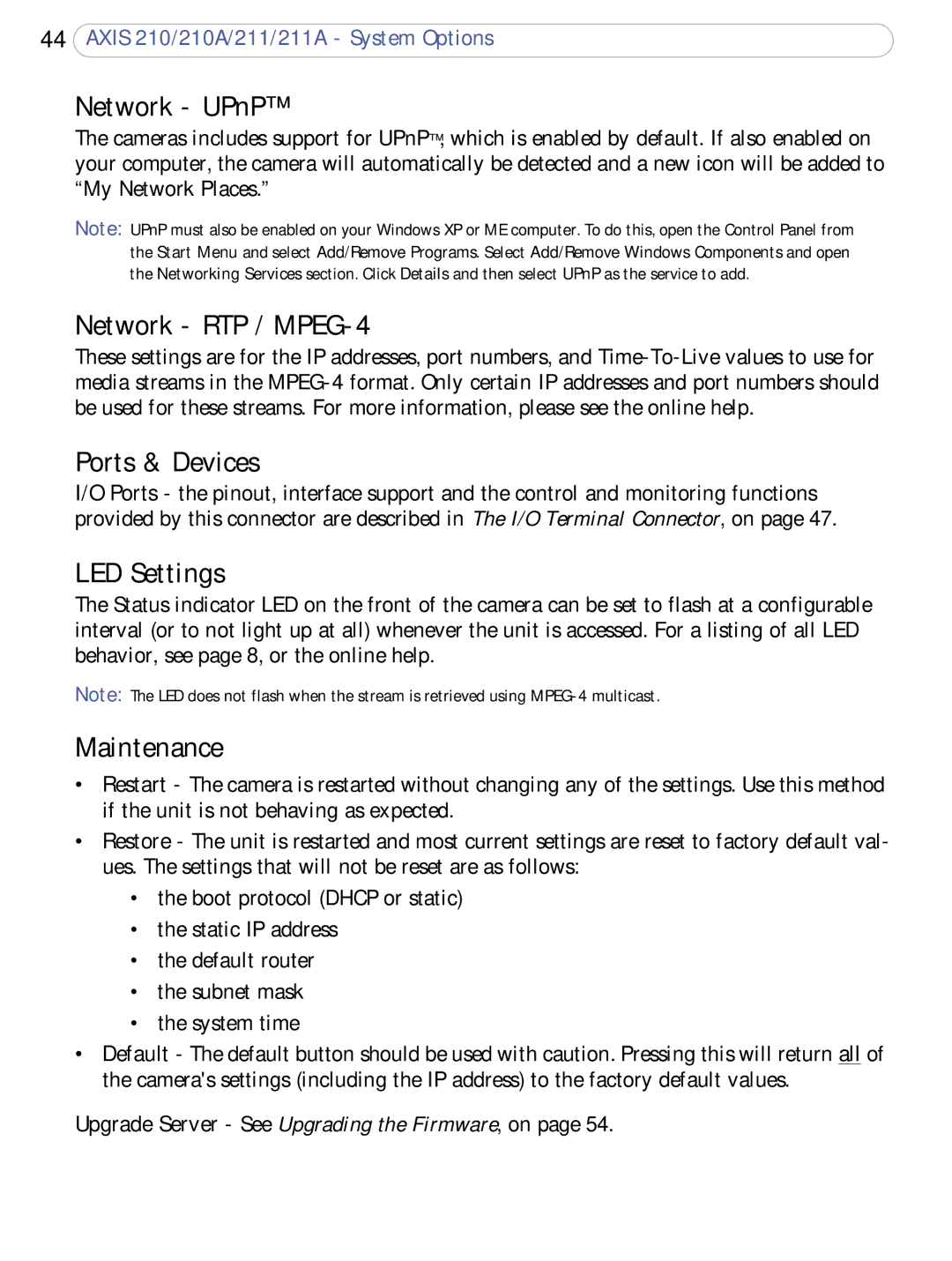 Axis Communications 211a, 210A user manual Network UPnP, Network RTP / MPEG-4, Ports & Devices, LED Settings, Maintenance 