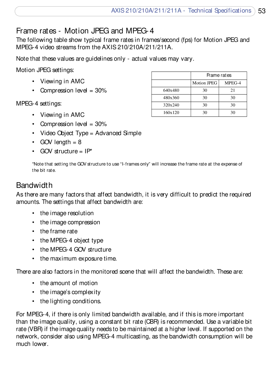 Axis Communications 211a, 210A user manual Frame rates Motion Jpeg and MPEG-4, Bandwidth 