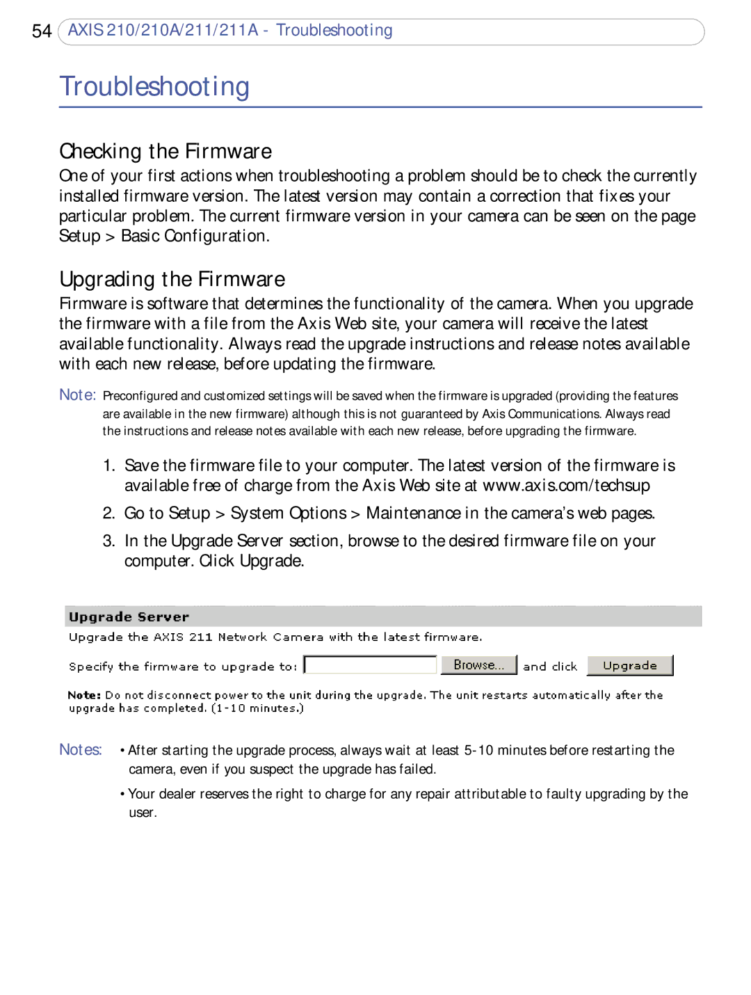Axis Communications 210, 211a Troubleshooting, Checking the Firmware, Upgrading the Firmware, Setup Basic Configuration 
