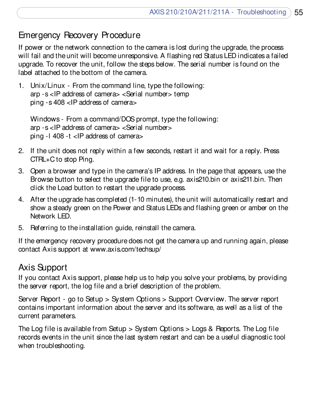 Axis Communications 210A, 211a user manual Emergency Recovery Procedure, Axis Support 