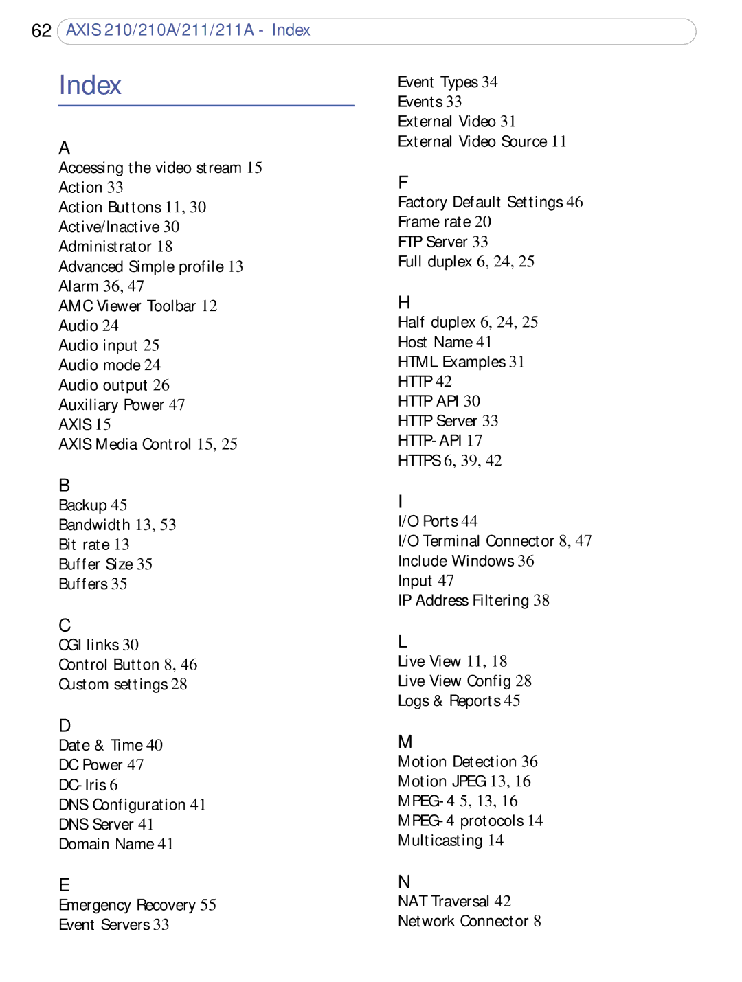 Axis Communications 211a, 210A user manual Index, Http Server 