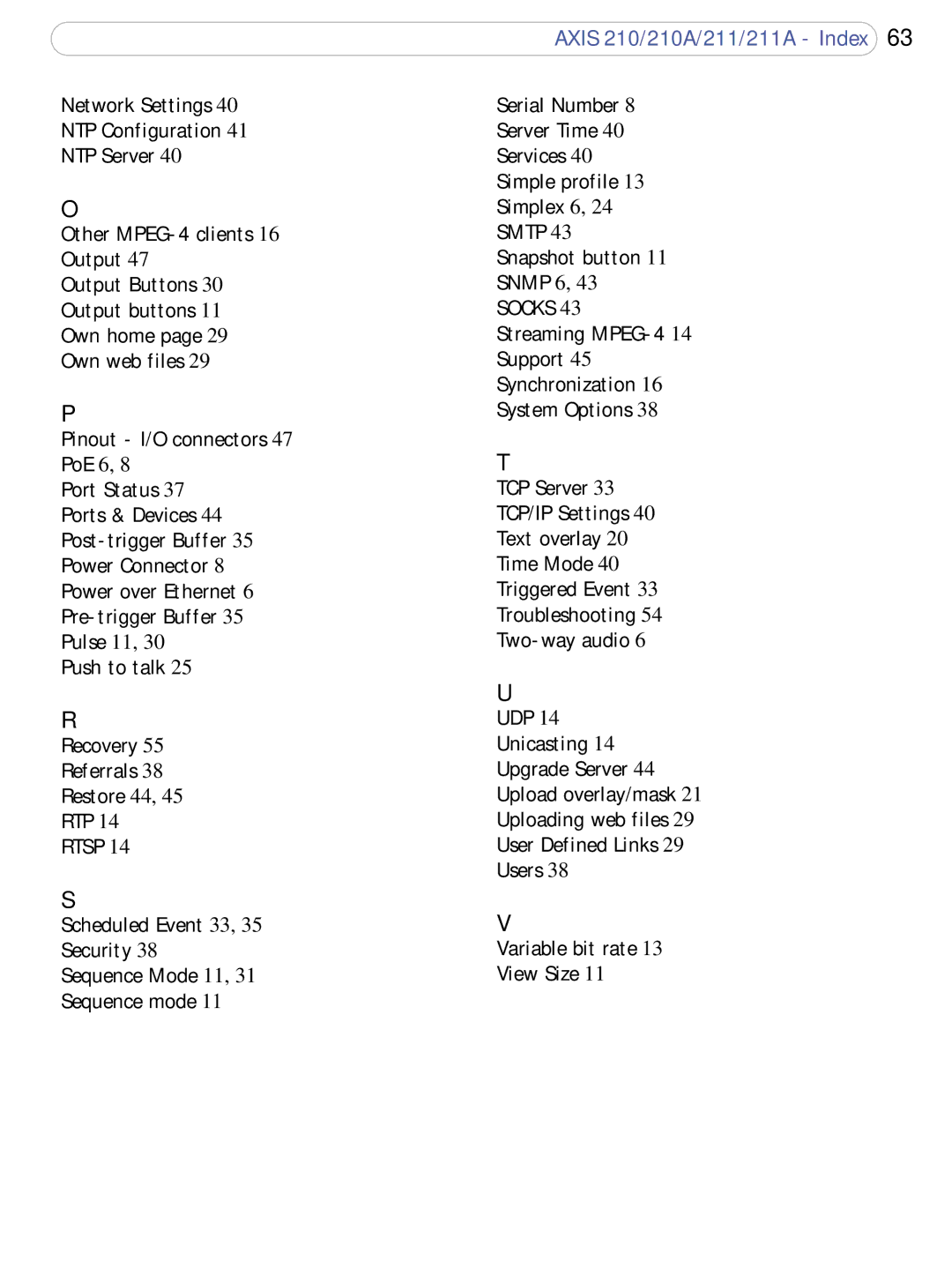 Axis Communications 210A, 211a user manual Pinout I/O connectors 47 PoE 6, Push to talk Recovery Referrals Restore 44 RTP 