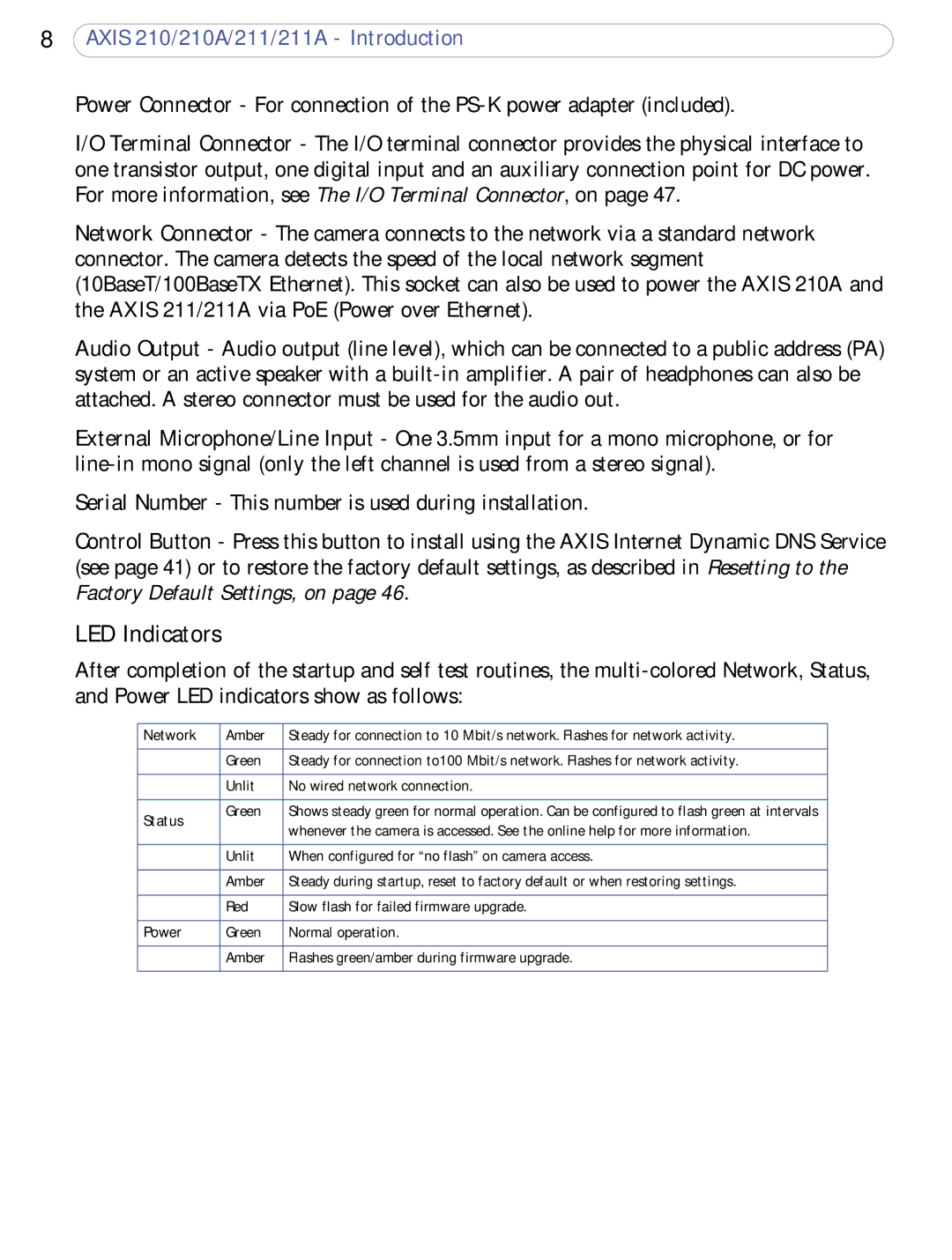 Axis Communications 211a, 210A user manual LED Indicators, Network, Status, Power 