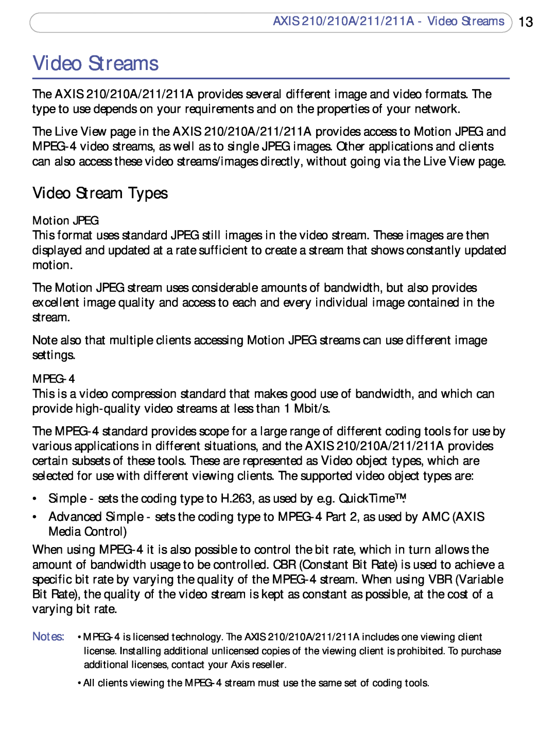 Axis Communications 211a user manual Video Stream Types, AXIS 210/210A/211/211A - Video Streams, Motion JPEG, MPEG-4 