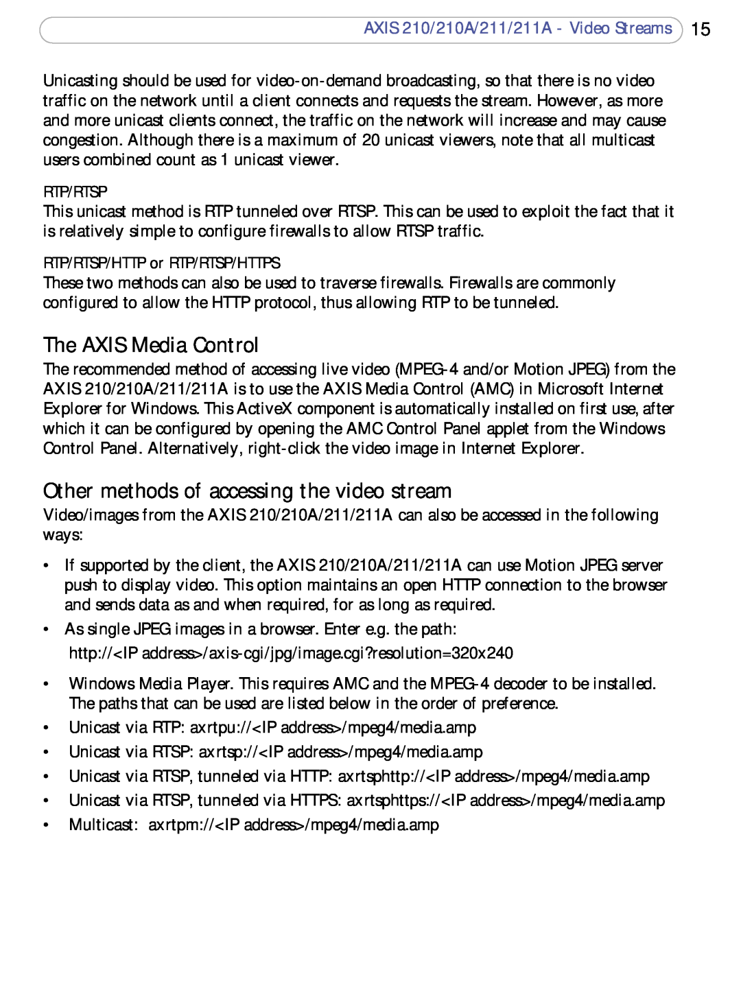 Axis Communications 210A, 211a user manual The AXIS Media Control, Other methods of accessing the video stream, Rtp/Rtsp 