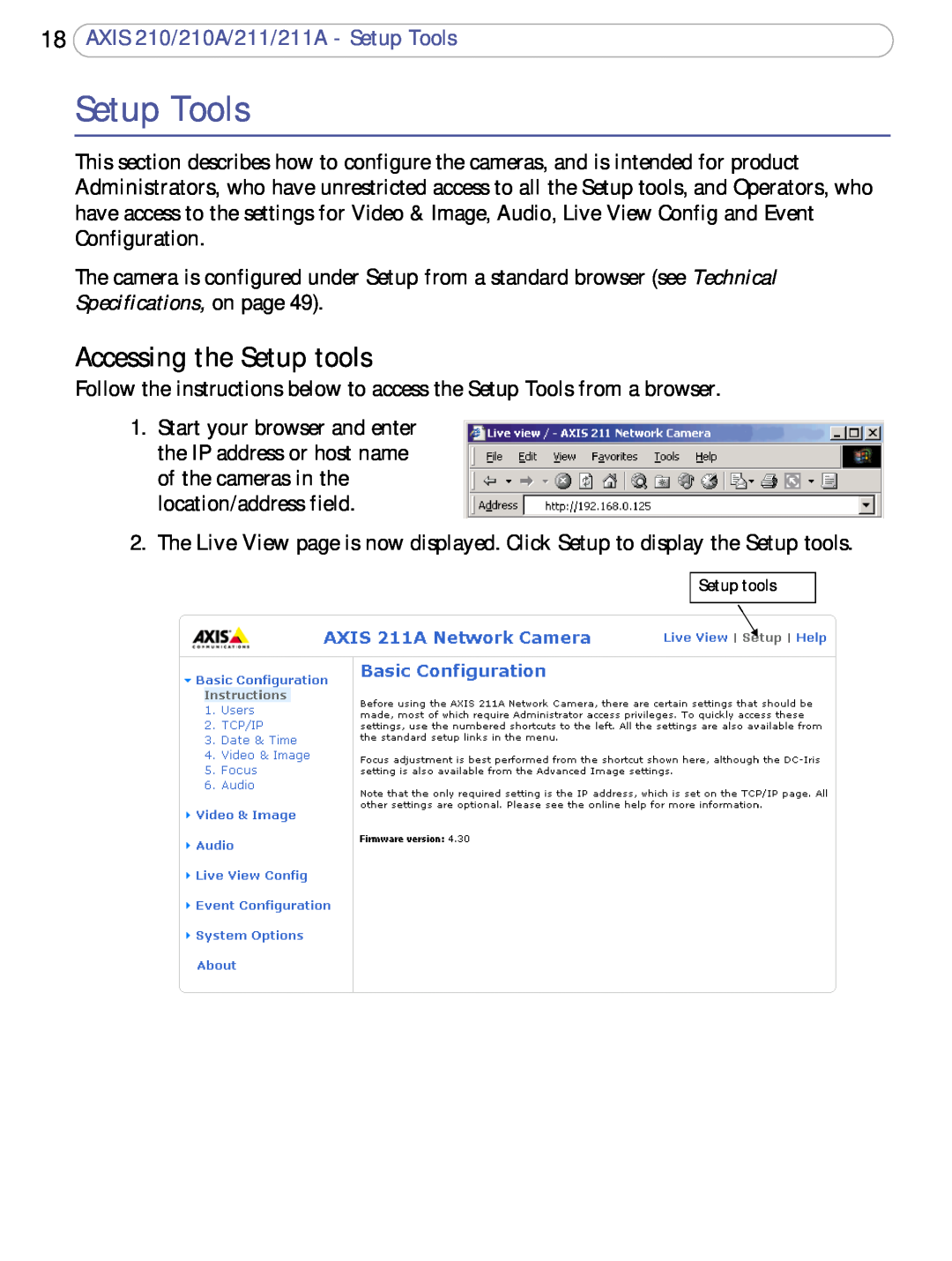 Axis Communications 211a user manual Accessing the Setup tools, 18AXIS 210/210A/211/211A - Setup Tools 