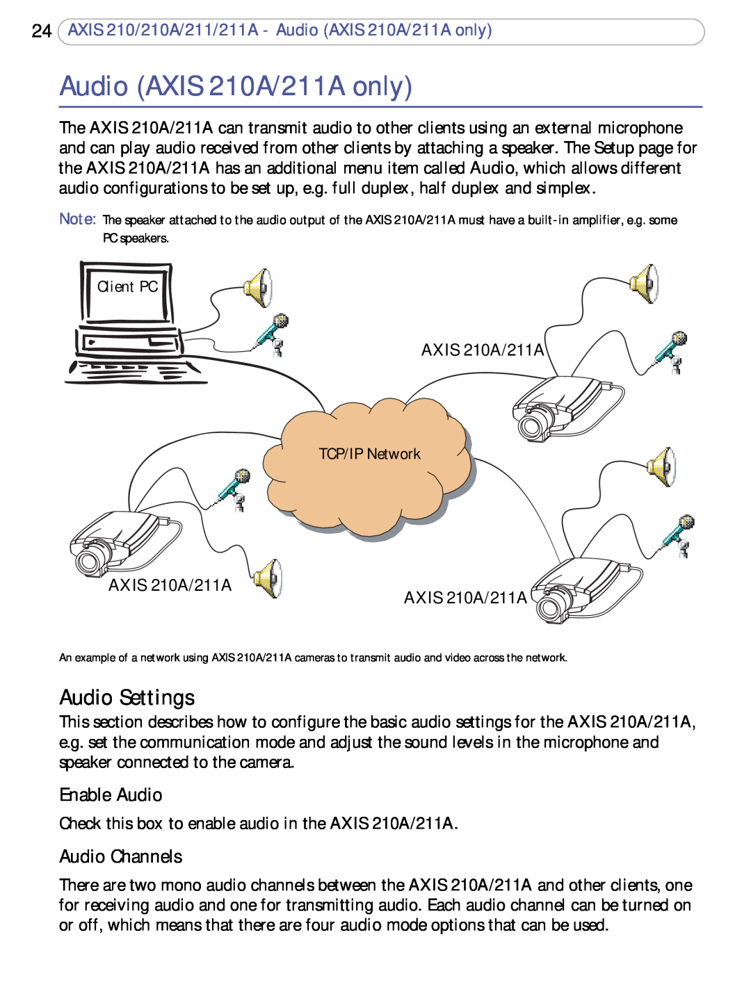 Axis Communications 211a user manual Audio AXIS 210A/211A only, Audio Settings, Enable Audio, Audio Channels 