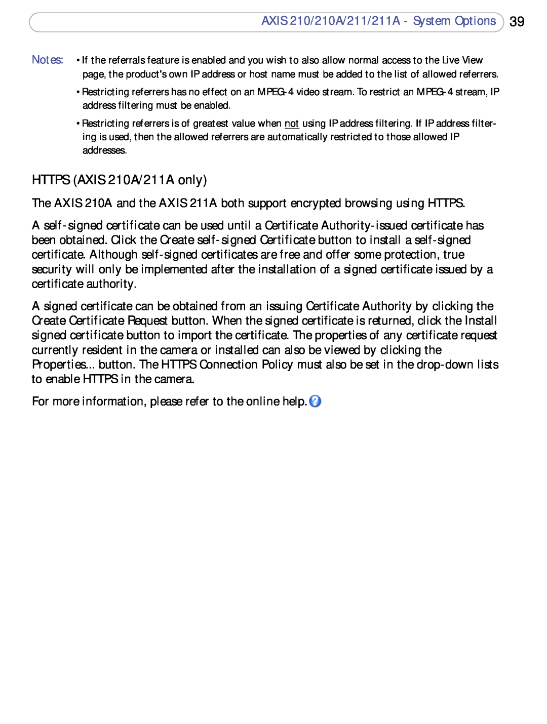 Axis Communications 211a user manual AXIS 210/210A/211/211A - System Options, HTTPS AXIS 210A/211A only 