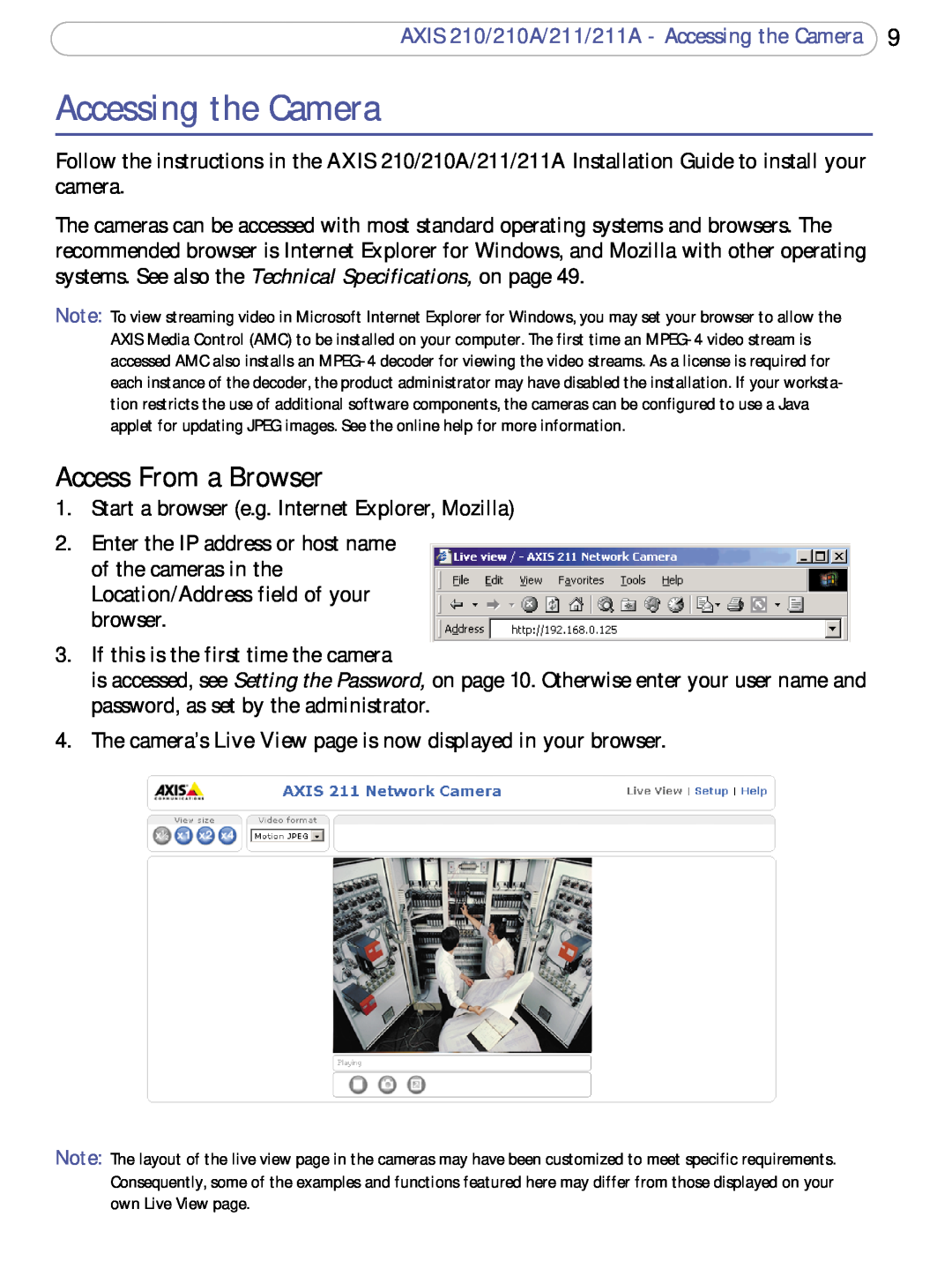 Axis Communications 211a user manual Access From a Browser, AXIS 210/210A/211/211A - Accessing the Camera 