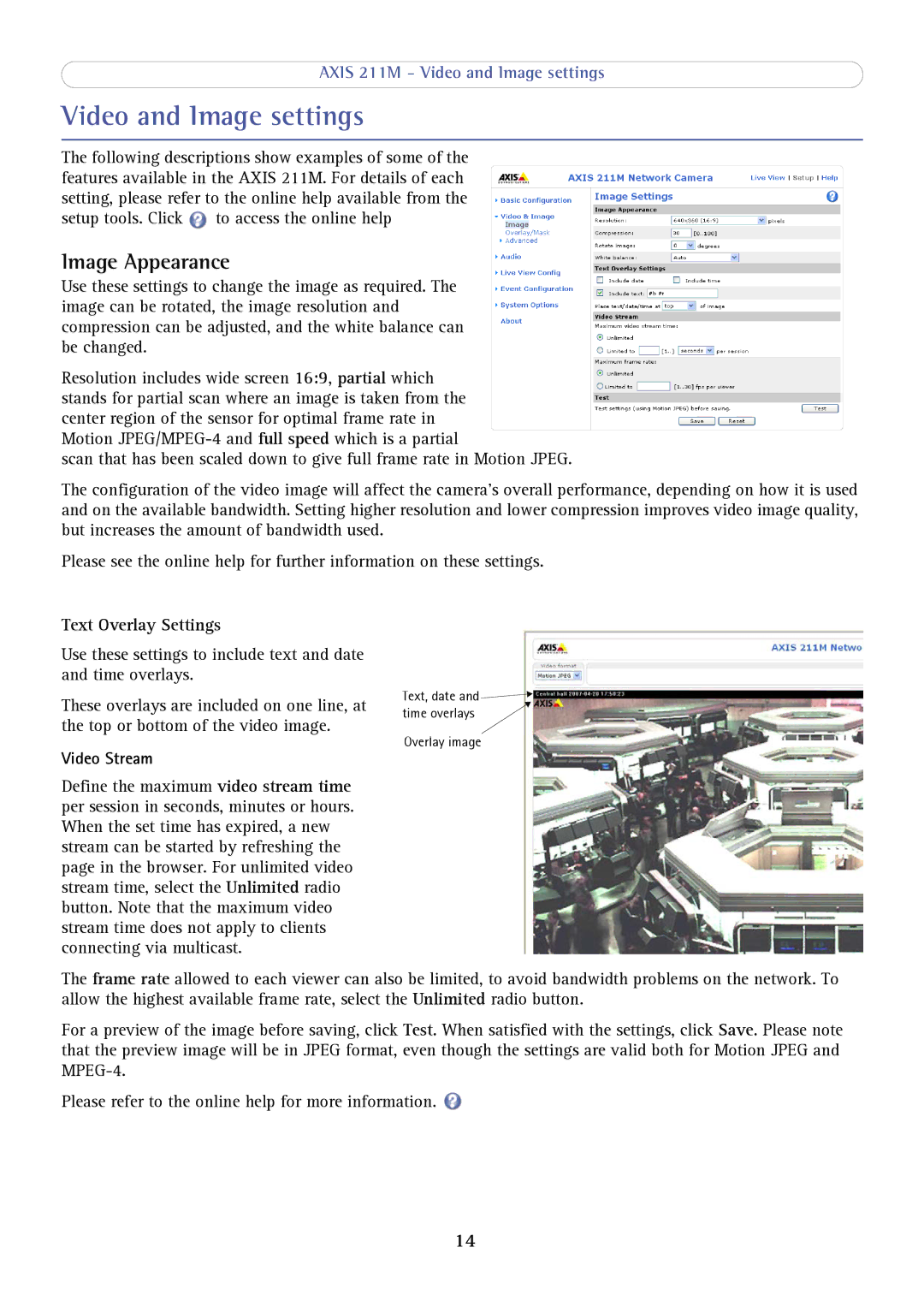 Axis Communications 211M user manual Video and Image settings, Image Appearance, Text Overlay Settings, Video Stream 