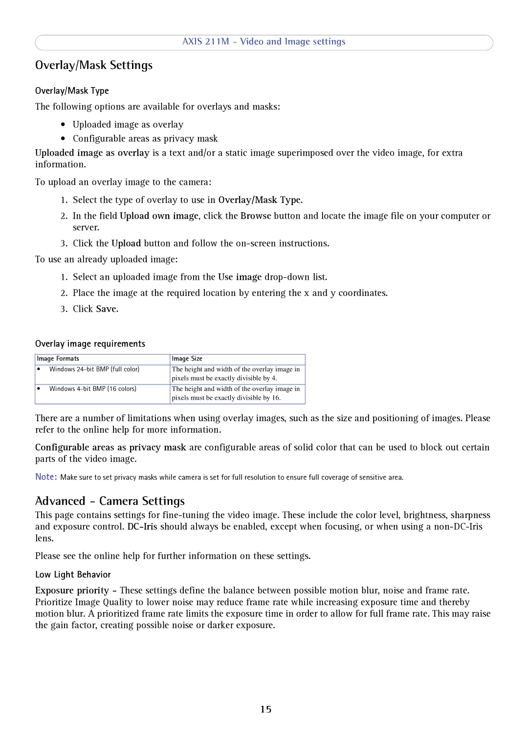 Axis Communications 211M Overlay/Mask Settings, Advanced Camera Settings, Overlay/Mask Type, Overlay image requirements 