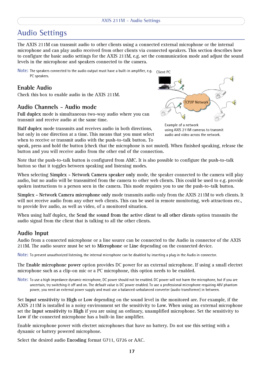 Axis Communications 211M user manual Audio Settings, Enable Audio, Audio Channels Audio mode, Audio Input 