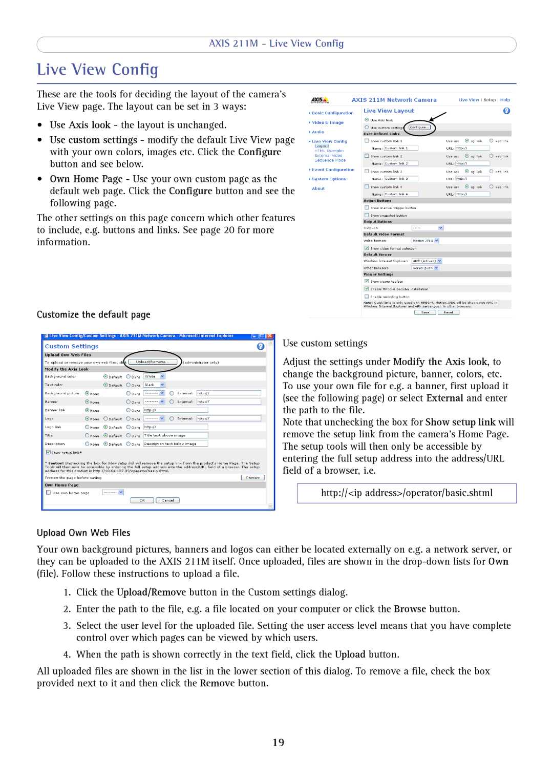 Axis Communications 211M user manual Live View Config, Customize the default, Upload Own Web Files 