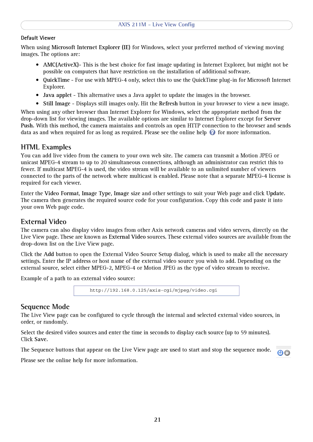 Axis Communications 211M user manual Html Examples, External Video, Sequence Mode, Default Viewer 