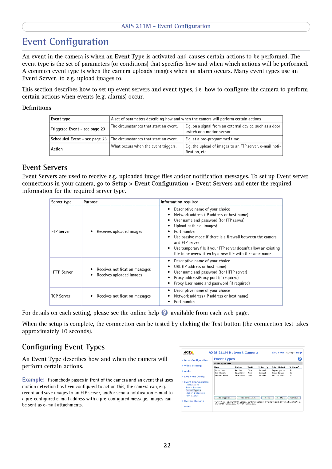 Axis Communications 211M user manual Event Configuration, Event Servers, Configuring Event Types, Definitions 