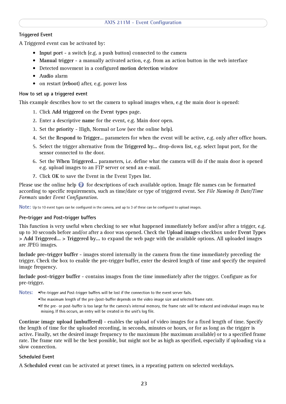 Axis Communications 211M user manual Triggered Event, Audio alarm, How to set up a triggered event, Scheduled Event 