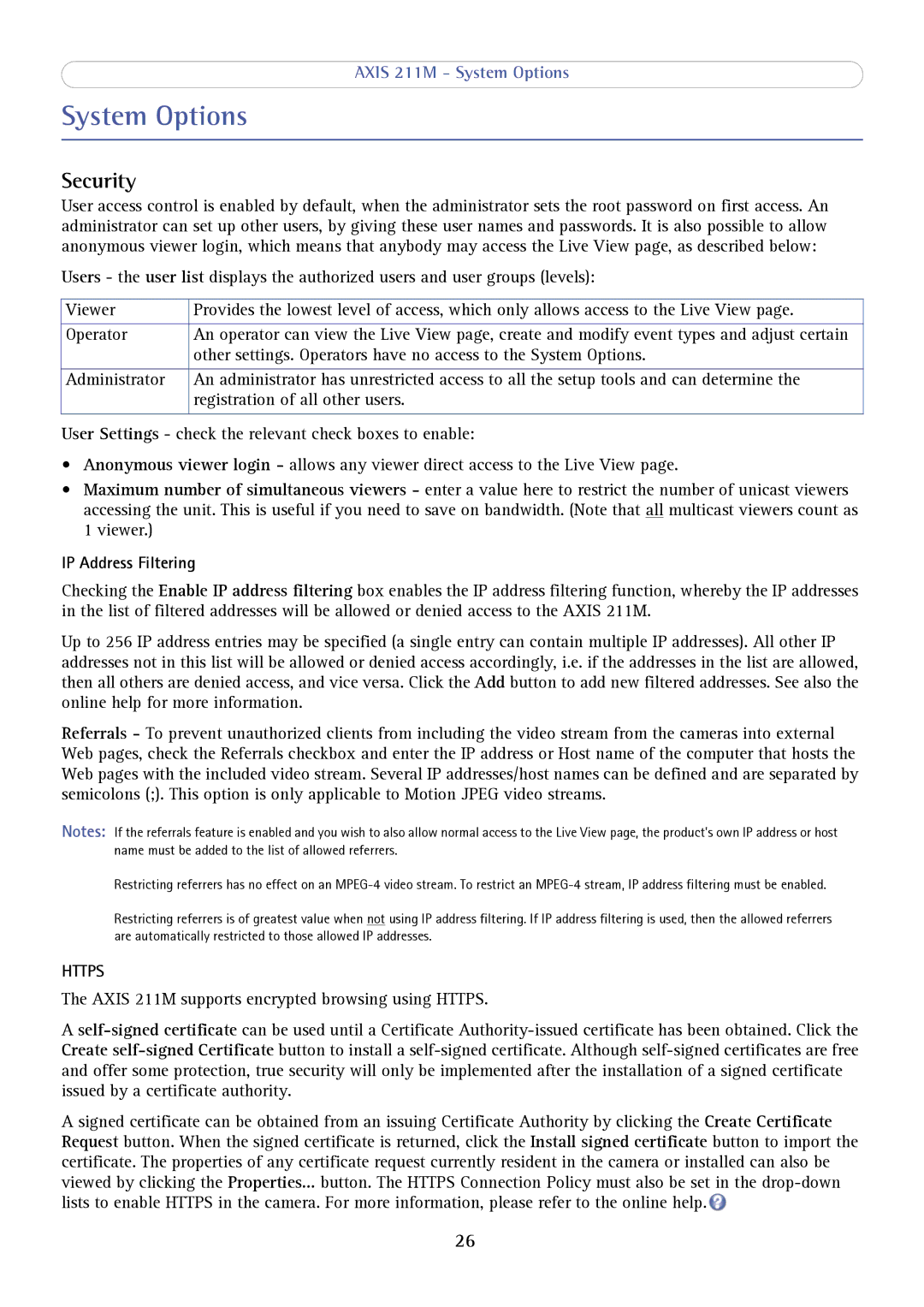 Axis Communications 211M user manual System Options, Security, IP Address Filtering 