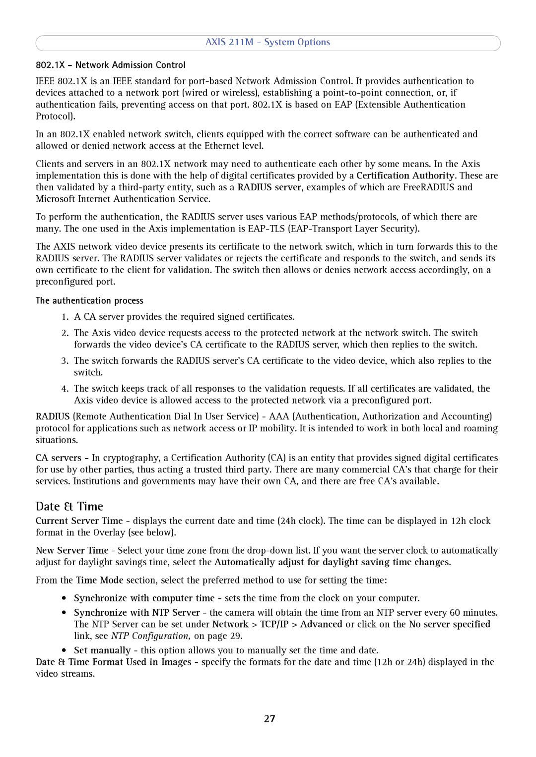 Axis Communications 211M user manual Date & Time, 802.1X Network Admission Control, Authentication process 