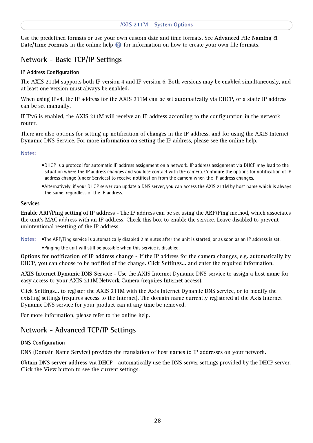 Axis Communications 211M Network Basic TCP/IP Settings, Network Advanced TCP/IP Settings, IP Address Configuration 