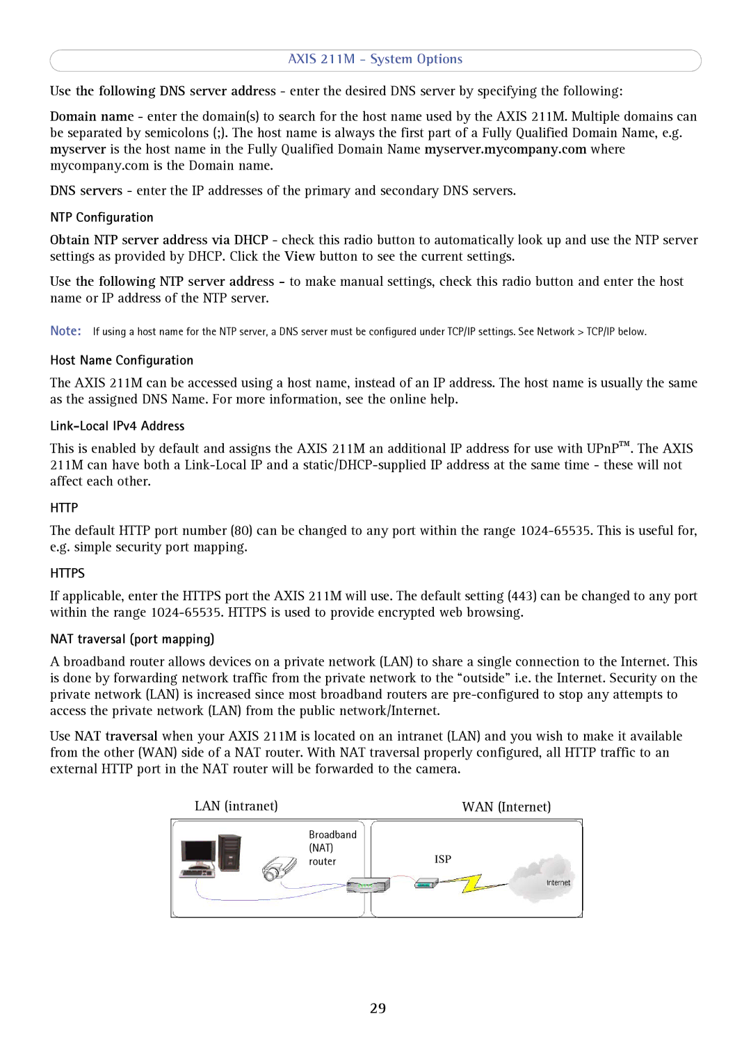 Axis Communications 211M NTP Configuration, Host Name Configuration, Link-Local IPv4 Address, NAT traversal port mapping 