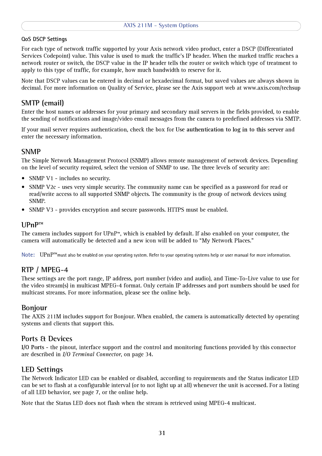 Axis Communications 211M user manual Smtp email, UPnP, Bonjour, Ports & Devices, LED Settings 