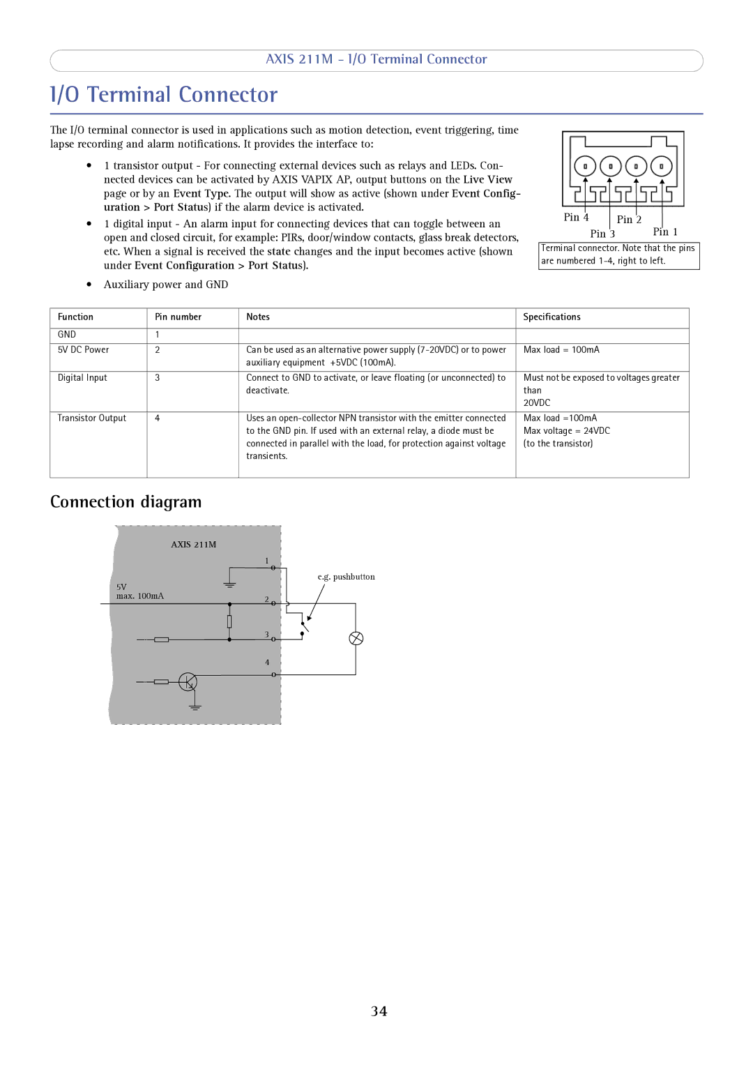 Axis Communications 211M user manual Terminal Connector, Connection diagram, Function Pin number Specifications 