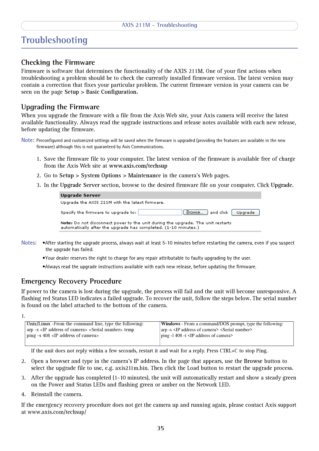 Axis Communications 211M Troubleshooting, Checking the Firmware, Upgrading the Firmware, Emergency Recovery Procedure 