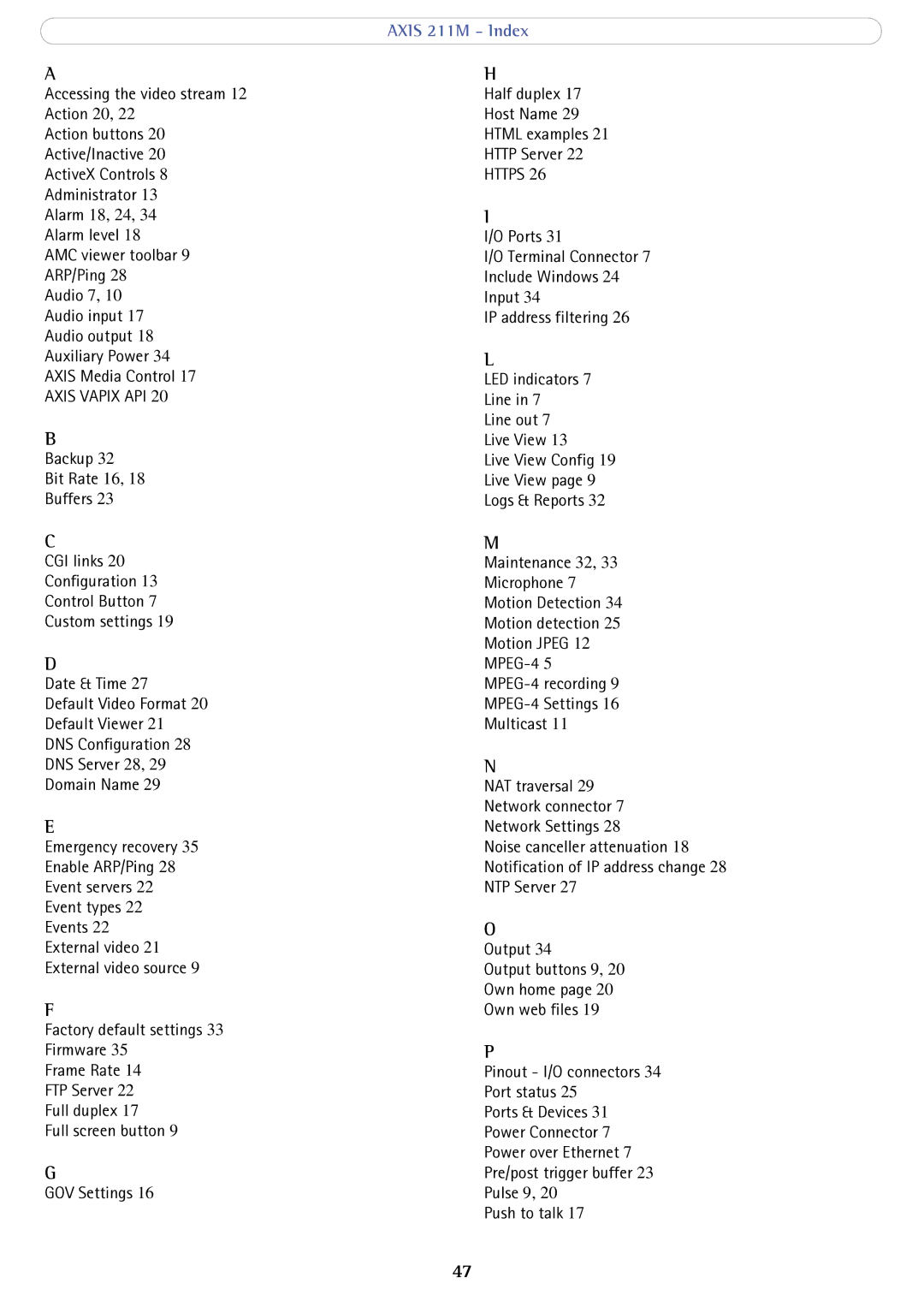 Axis Communications user manual Axis 211M Index 